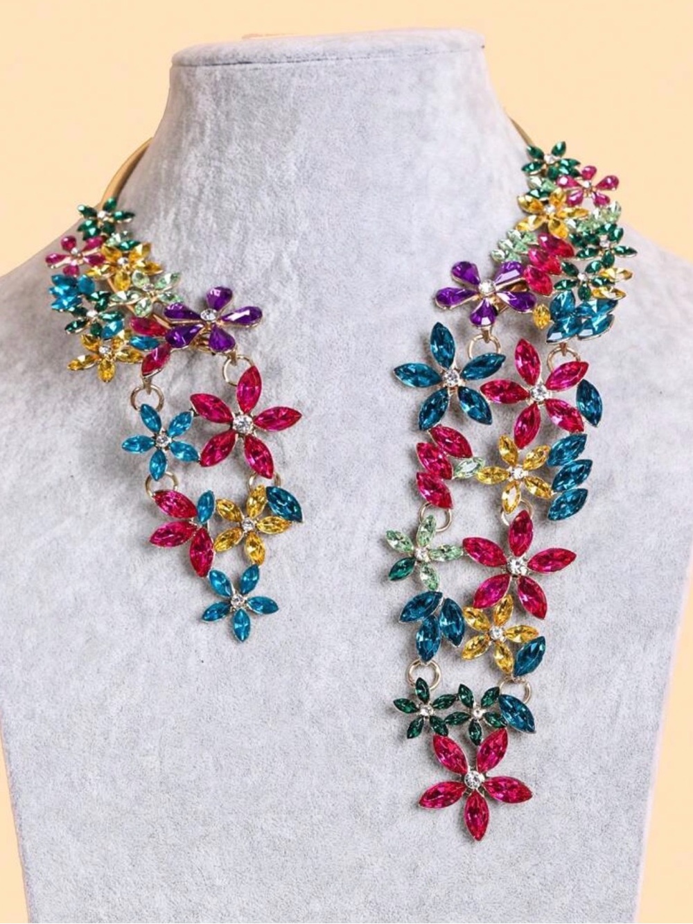 Multicolored Floral Crystal Statement Necklace - Women Jewelry